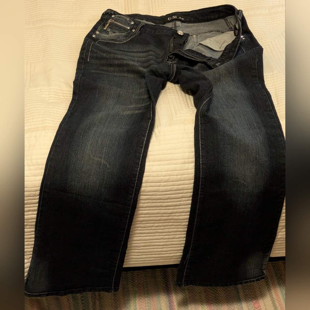 Women's U-51 Distressed Dark Blue Jeans, 36x32